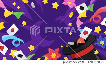 Background illustration of various things popping out of a top hat with magic tricks_16:9 120932038