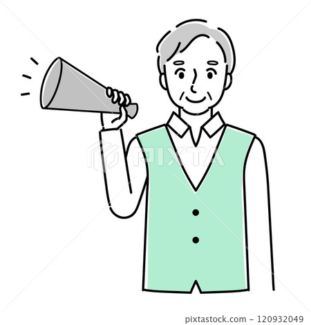 Senior man cheering with a megaphone Senior man cheering with a megaphone 120932049