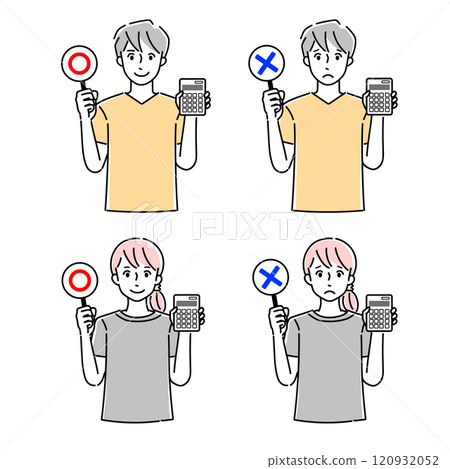 A man and a woman holding a calculator and a true or false card 120932052