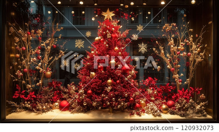 holiday window display featuring a lavishly decorated festive tree with twinkling lights surrounded by golden ornaments and snowflakes 120932073