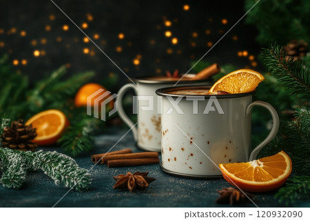 Mulled wine in white metal mugs with cinnamon and orange slice on festive background. Copy space for text 120932090