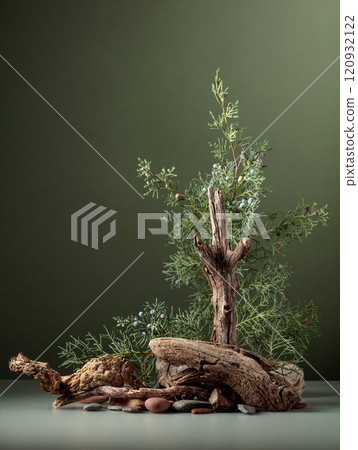 Abstract nature scene with a composition of juniper, stones, and dry snags. Abstract nature scene with a composition of juniper, stones, and dry snags. 120932122
