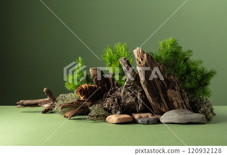 Abstract nature scene with a composition of spruce branches, stones, and dry snags. Abstract nature scene with a composition of spruce branches, stones, and dry snags. 120932128