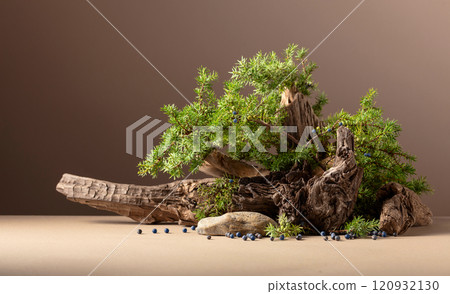 Abstract nature scene with a composition of juniper and dry snags. 120932130