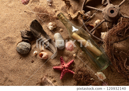 Message in a vintage bottle on a sea shore. 120932140