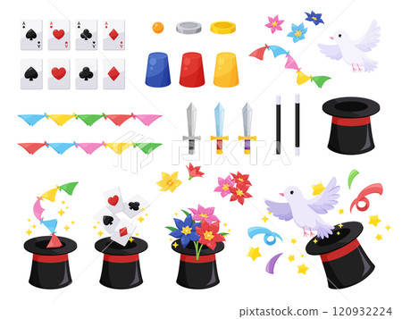 Illustration set of tools used in magic tricks Illustration set of tools used in magic tricks 120932224