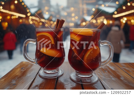 Two glasses of mulled wine on a wooden tabletop at a Christmas market 120932257