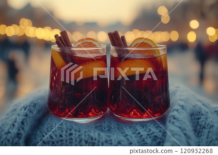 Two glasses of mulled wine on a wooden tabletop at a Christmas market 120932268