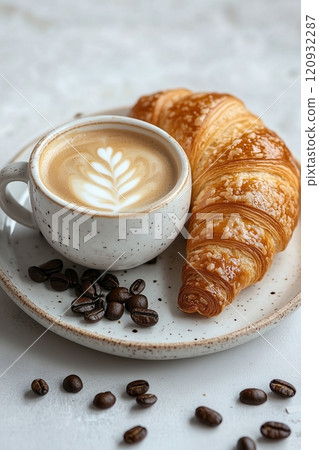 cup of coffee and croissant on a plate on a light background 120932287