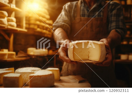 male cheese maker holding a wheel of cheese, close-up, bright light, beautiful wooden shelves with ready-made cheese in the background 120932311