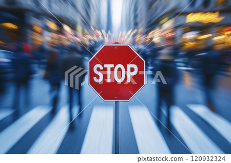 stop road sign against the backdrop of blurred hurrying people on a city street 120932324