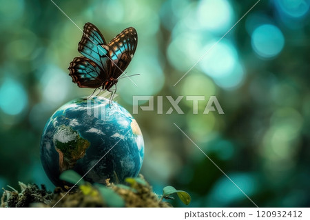 beautiful butterfly sits on planet earth, earth day 120932412