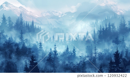 beautiful foggy landscape with fir forest 120932422