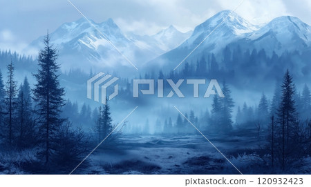 beautiful foggy landscape with fir forest 120932423