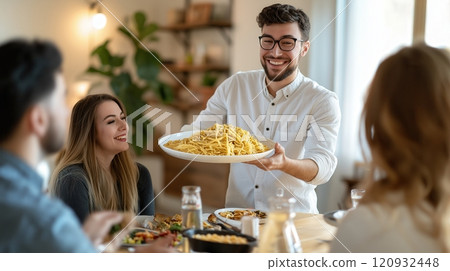 a man holding a plate of pasta serving a group of friends, sitting at a table, in the kitchen, they are happy 120932448