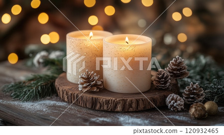 decorative christmas candle, festive christmas background 120932465