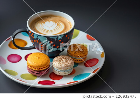 photo of a plate with colorful macarons and a cup of coffee modern graphic styling 120932475