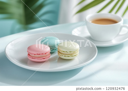 photo of a plate with colorful macarons and a cup of coffee modern graphic styling 120932476