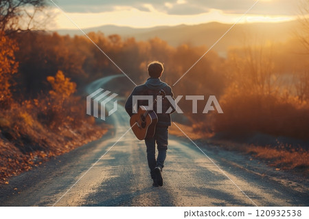 a man with a guitar case on his back walks along a picturesque road, rear view 120932538