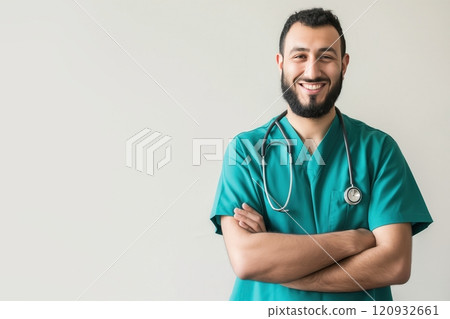 Portrait of smiling arab male doctor in medical uniform with stethoscope 120932661