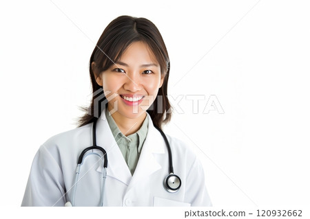 Portrait of smiling asian female doctor in medical uniform with stethoscope Portrait of smiling asian female doctor in medical uniform with stethoscope 120932662