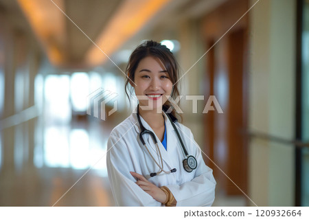 Portrait of smiling asian female doctor in medical uniform with stethoscope Portrait of smiling asian female doctor in medical uniform with stethoscope 120932664