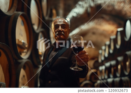 Sommelier holding a glass of red wine in a wine cellar, barrels and bottles in the background Sommelier holding a glass of red wine in a wine cellar, barrels and bottles in the background 120932673