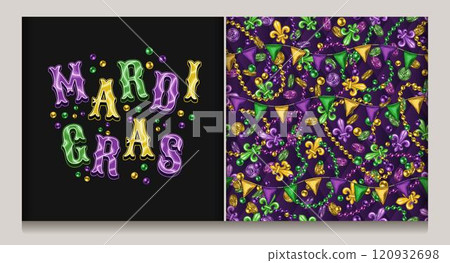 Mardi Gras volumetric headline, caption in vintage style. Iridescent light glossy letters in traditional colors. Seamless Mardi Gras random pattern with holiday trinket, Fleur de Lis sign. 120932698