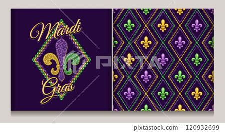 Geometric beaded pattern with fleur de lis symbol in center of grid cells. Diagonal diamond shaped rhombus grid, ornament. Label with text. Fleur de Lis sign made of mosaic of beads. Vintage style Geometric beaded pattern with fleur de lis symbol in center of grid cells. Diagonal diamond shaped rhombus grid, ornament. Label with text. Fleur de Lis sign made of mosaic of beads. Vintage style 120932699
