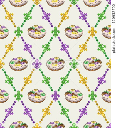 Geometric pattern with colorful fleur de lis symbol, king cake in center of grid cells. Diagonal rhombus grid. Decoration for Mardi Gras carnival. Vintage style illustration 120932700
