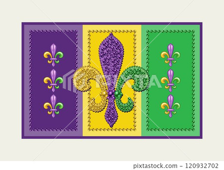 Rectangular Mardi Gras banner, flag with Fleur de Lis symbol, beads. Traditional holiday colors. Vintage style 120932702