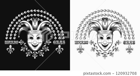 Rainbow label made with bead strings, Fleur de Lis sign, theatrical comedy face mask with jester harlequin hat. Black and white design element for Mardi Gras decoration. Rainbow label made with bead strings, Fleur de Lis sign, theatrical comedy face mask with jester harlequin hat. Black and white design element for Mardi Gras decoration. 120932708