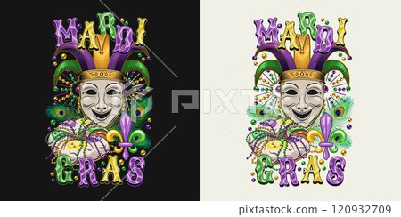 Emblem with theatrical comedy face mask in jester harlequin hat., traditional festival Mardi Gras food king cake, text. Peacock feathers, bead behind. T shirt graphics Emblem with theatrical comedy face mask in jester harlequin hat., traditional festival Mardi Gras food king cake, text. Peacock feathers, bead behind. T shirt graphics 120932709