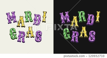 Mardi Gras volumetric headline, caption in vintage style. Iridescent light glowing letters in traditional colors. Design element for holiday design, decoration Mardi Gras volumetric headline, caption in vintage style. Iridescent light glowing letters in traditional colors. Design element for holiday design, decoration 120932710