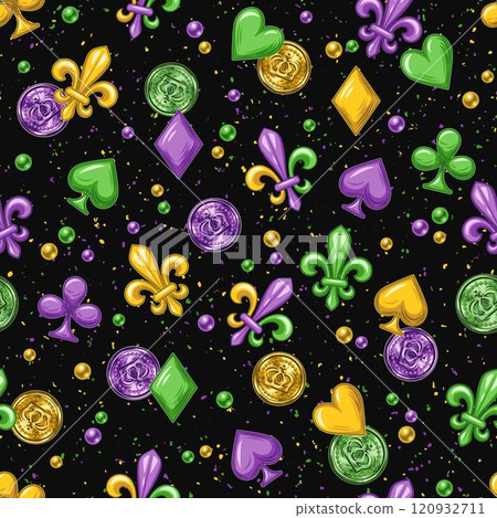 Mardi Gras themed seamless pattern with falling shiny coins, Fleur de Lis sign, playing card suits symbols, scattered beads, confetti, trinkets on dark textured background. Vintage style. Mardi Gras themed seamless pattern with falling shiny coins, Fleur de Lis sign, playing card suits symbols, scattered beads, confetti, trinkets on dark textured background. Vintage style. 120932711