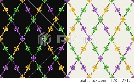 Mardi gras geometric pattern. Diagonal rhombus grid made with colorful Fleur de lis symbol. Vintage style illustration Mardi gras geometric pattern. Diagonal rhombus grid made with colorful Fleur de lis symbol. Vintage style illustration 120932712
