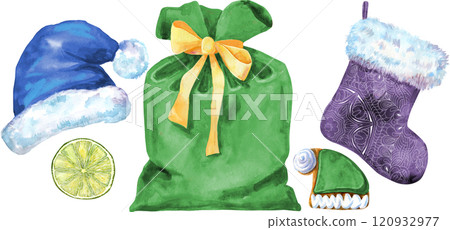 Christmas Santa hat, bag, ball and sock for gift, watercolor illustration 120932977