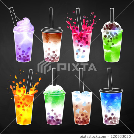 Bubble Tea flavors set on chalkboard background 120933030