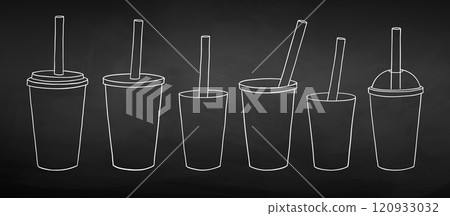 Line art coffee cups on chalkboard background 120933032