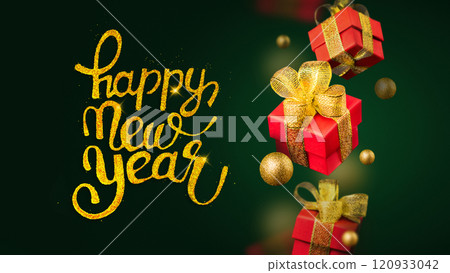 Happy New Year inscription with Levitation of Red Christmas gift boxes with golden balls on a green background. New Year's gift concept. Copy space poster banner photo Happy New Year inscription with Levitation of Red Christmas gift boxes with golden balls on a green background. New Year's gift concept. Copy space poster banner photo 120933042
