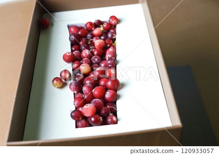 red cranberry berry in a box packed for sale frozen and fresh berry. High quality photo red cranberry berry in a box packed for sale frozen and fresh berry. High quality photo 120933057