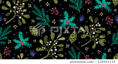 Winter pattern. Christmas seamless floral background. Crayon mistletoe forest. Holiday vector print with plant. Vintage holly berry winter seamless pattern. Christmas flower. Chalk on floral black bg 120933114