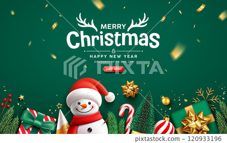 Merry christmas and Happy new year sale ornaments, snowman and gold ribbon greeting card banner Merry christmas and Happy new year sale ornaments, snowman and gold ribbon greeting card banner 120933196
