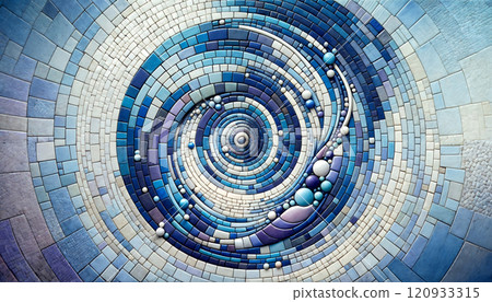 abstract mosaic masterpiece, where circular and spiral forms merge seamlessly. A symphony of cool blues and purples, grounded by a minimalist white background. 120933315