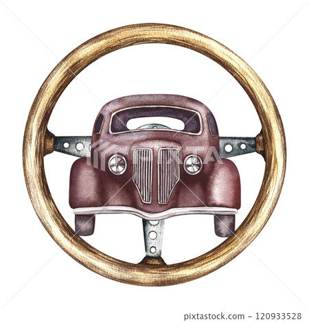 Vintage car and retro steering wheel. Watercolor illustration, made by hand, in isolation. For banners, flyers, posters. For prints, stickers, postcards and badges. 120933528