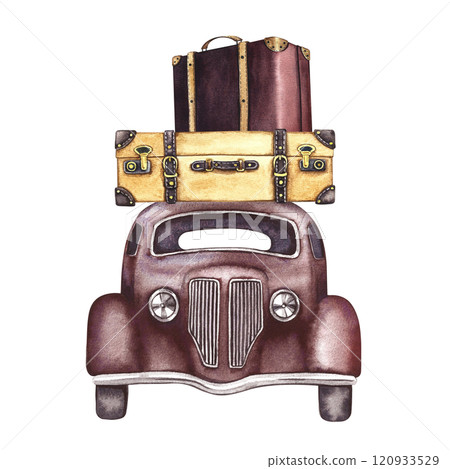 Vintage retro car with suitcases, front view. A watercolor illustration made by hand. Isolate. Traveling in a retro car. For posters, prints, stickers and postcards. Vintage retro car with suitcases, front view. A watercolor illustration made by hand. Isolate. Traveling in a retro car. For posters, prints, stickers and postcards. 120933529