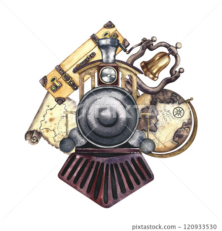 Traveling by train. Retro steam locomotive, suitcase, locomotive bell,globe and map. Handmade watercolor illustration in vintage style. For banners, posters, stickers, postcards and tickets. Traveling by train. Retro steam locomotive, suitcase, locomotive bell,globe and map. Handmade watercolor illustration in vintage style. For banners, posters, stickers, postcards and tickets. 120933530