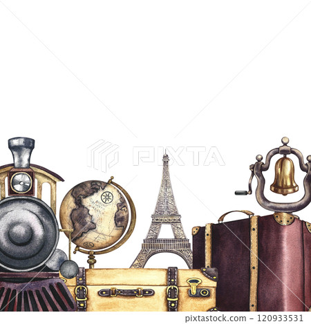 Traveling by train in Europe. A watercolor illustration made by hand. A traveler's postcard in vintage style. Highlight it. For banners, flyers, posters. For prints, stickers, postcards and tickets. Traveling by train in Europe. A watercolor illustration made by hand. A traveler's postcard in vintage style. Highlight it. For banners, flyers, posters. For prints, stickers, postcards and tickets. 120933531