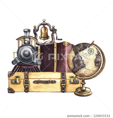 Traveling by train. A retro steam locomotive on a suitcase, a steam locomotive bell and a globe. Handmade watercolor illustration in vintage style. For banners, posters, stickers, postcards and ticket 120933532