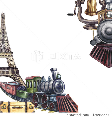 The train leaving the Eiffel tower. Vintage moving retro steam locomotive. A watercolor illustration made by hand. Isolate it. For banners, flyers, posters. For prints, stickers, postcards and ticket. 120933535